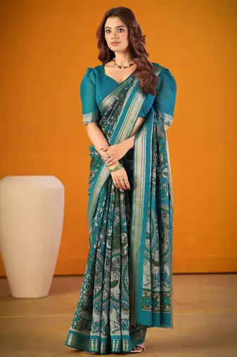 Sea blue viscose chanderi kalamkari print with zari weaving work saree