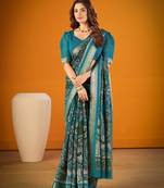 Sea blue viscose chanderi kalamkari print with zari weaving work saree