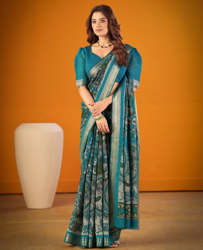 Sea blue viscose chanderi kalamkari print with zari weaving work saree