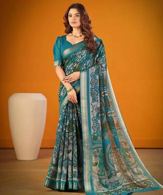 Sea blue viscose chanderi kalamkari print with zari weaving work saree 2