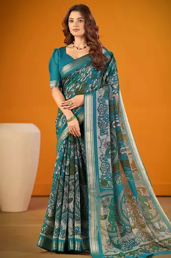 Sea blue viscose chanderi kalamkari print with zari weaving work saree