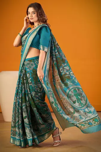 Sea blue viscose chanderi kalamkari print with zari weaving work saree