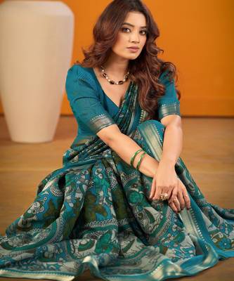Sea blue viscose chanderi kalamkari print with zari weaving work saree 4