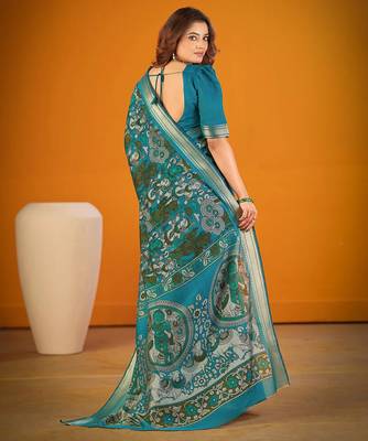 Sea blue viscose chanderi kalamkari print with zari weaving work saree 5