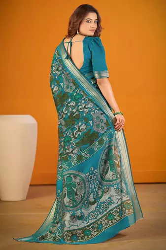 Sea blue viscose chanderi kalamkari print with zari weaving work saree