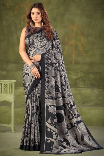 Black luxurious tussar silk kalamkari printed saree