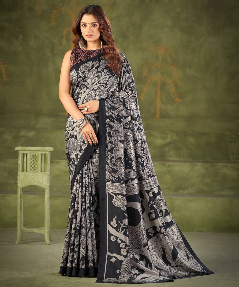 Black luxurious tussar silk kalamkari printed saree