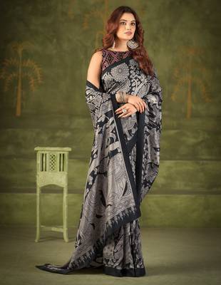 Black luxurious tussar silk kalamkari printed saree 2