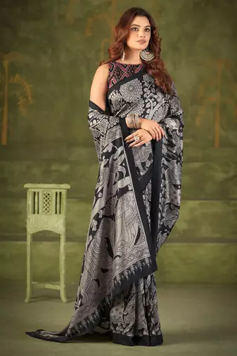 Black luxurious tussar silk kalamkari printed saree
