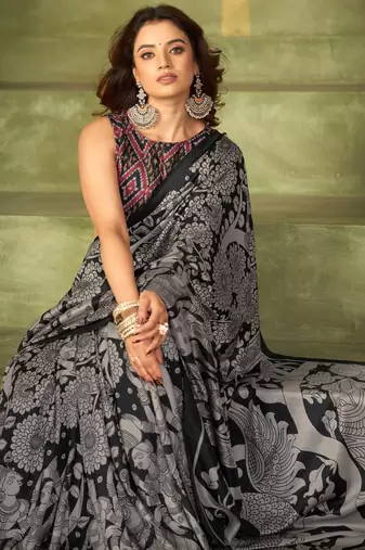 Black luxurious tussar silk kalamkari printed saree