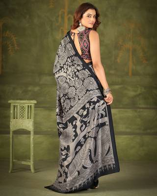 Black luxurious tussar silk kalamkari printed saree 4