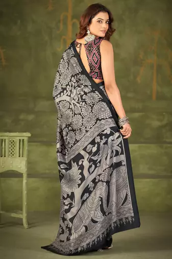 Black luxurious tussar silk kalamkari printed saree