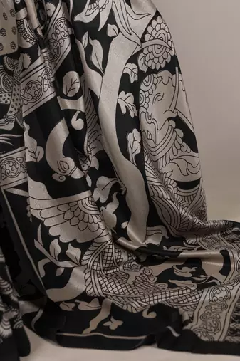 Black luxurious tussar silk kalamkari printed saree