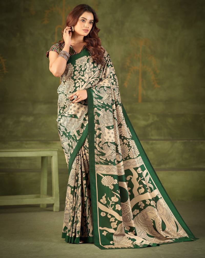 Green luxurious tussar silk kalamkari printed saree