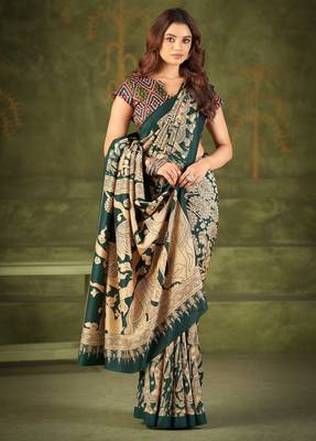 Green luxurious tussar silk kalamkari printed saree 2