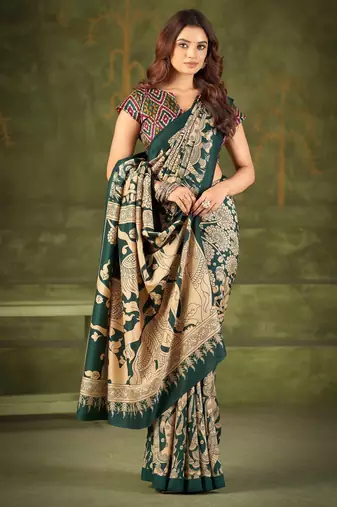 Green luxurious tussar silk kalamkari printed saree