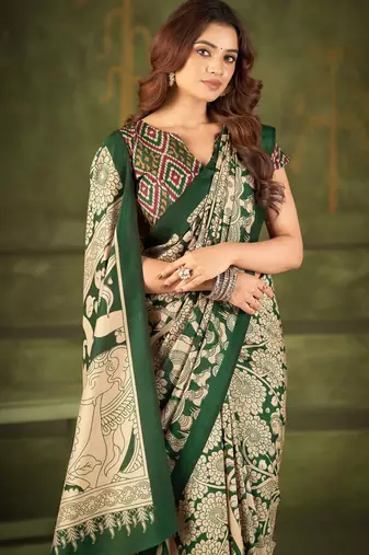 Green luxurious tussar silk kalamkari printed saree