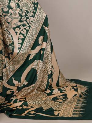Green luxurious tussar silk kalamkari printed saree 4