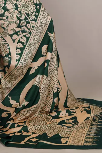 Green luxurious tussar silk kalamkari printed saree