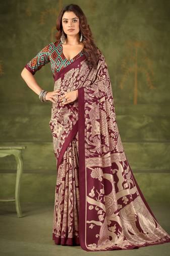 Maroon luxurious tussar silk kalamkari printed saree