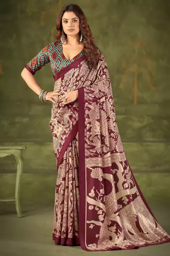 Maroon luxurious tussar silk kalamkari printed saree
