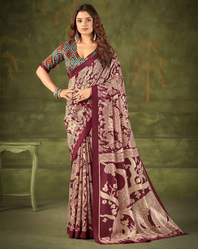 Maroon luxurious tussar silk kalamkari printed saree