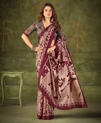 Maroon luxurious tussar silk kalamkari printed saree 2