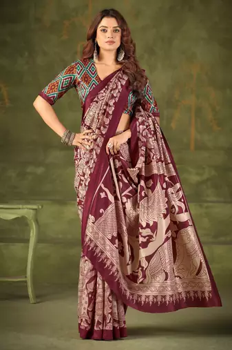 Maroon luxurious tussar silk kalamkari printed saree