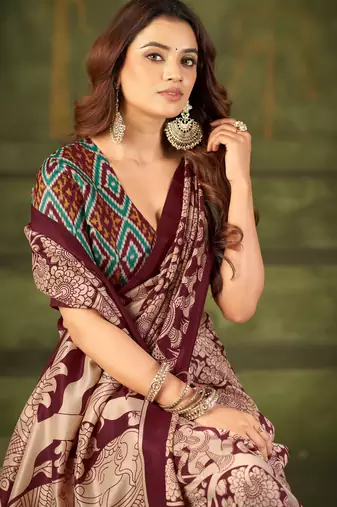 Maroon luxurious tussar silk kalamkari printed saree