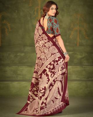 Maroon luxurious tussar silk kalamkari printed saree 4