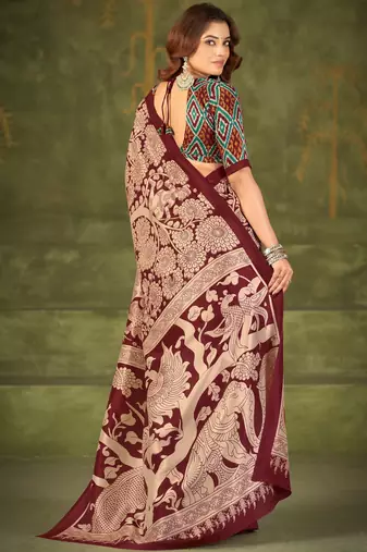 Maroon luxurious tussar silk kalamkari printed saree