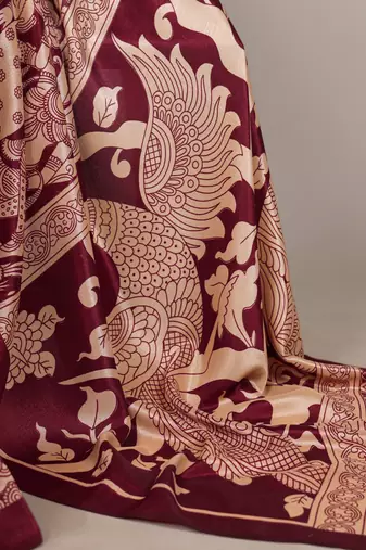 Maroon luxurious tussar silk kalamkari printed saree