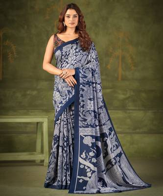 Navy blue luxurious tussar silk kalamkari printed saree 1