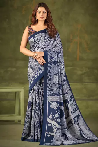 Navy blue luxurious tussar silk kalamkari printed saree