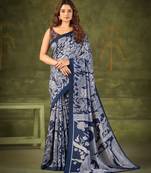 Navy blue luxurious tussar silk kalamkari printed saree