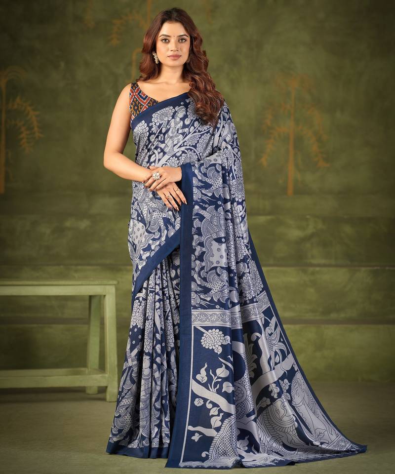 Navy blue luxurious tussar silk kalamkari printed saree