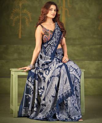 Navy blue luxurious tussar silk kalamkari printed saree 2