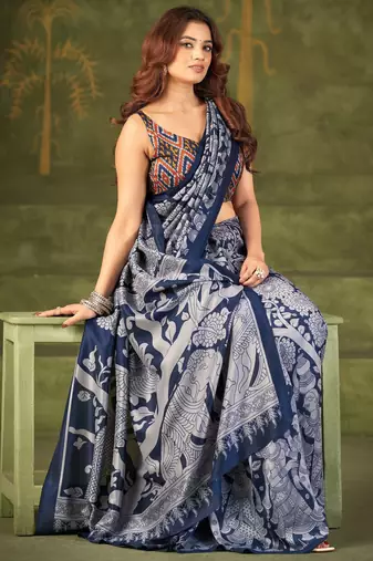 Navy blue luxurious tussar silk kalamkari printed saree