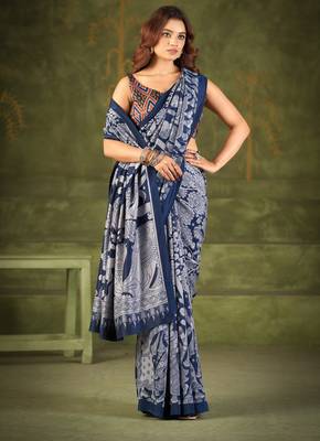 Navy blue luxurious tussar silk kalamkari printed saree 3