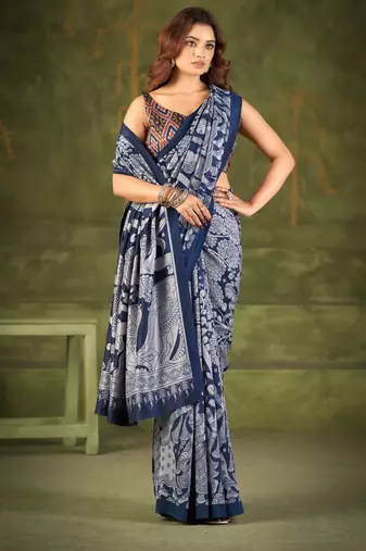 Navy blue luxurious tussar silk kalamkari printed saree