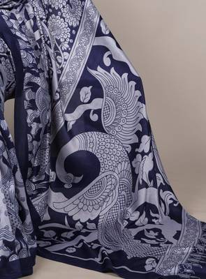 Navy blue luxurious tussar silk kalamkari printed saree 4