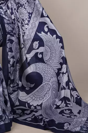 Navy blue luxurious tussar silk kalamkari printed saree