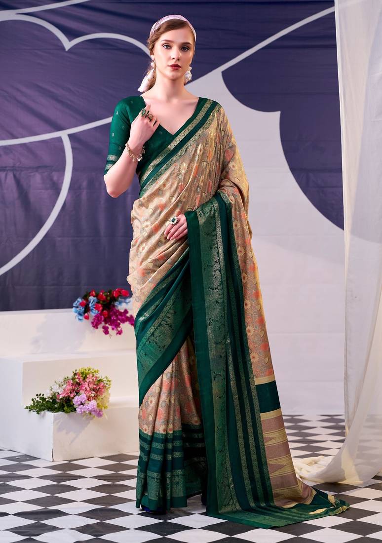 Green beautiful tussar silk floral print with foil work saree