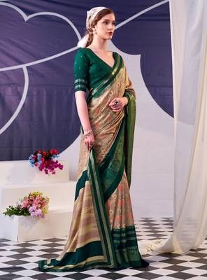 Green beautiful tussar silk floral print with foil work saree 2