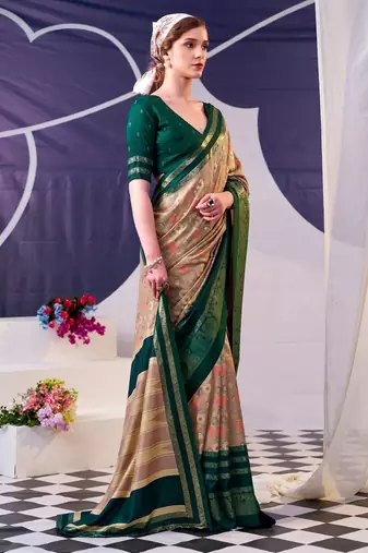 Green beautiful tussar silk floral print with foil work saree