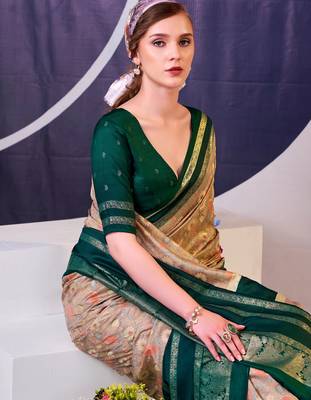 Green beautiful tussar silk floral print with foil work saree 3