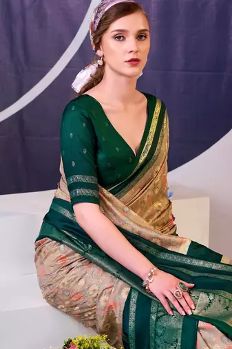Green beautiful tussar silk floral print with foil work saree