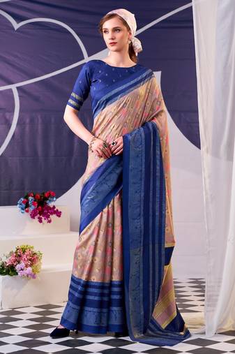 Navy blue beautiful tussar silk floral print with foil work saree
