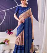 Navy blue beautiful tussar silk floral print with foil work saree