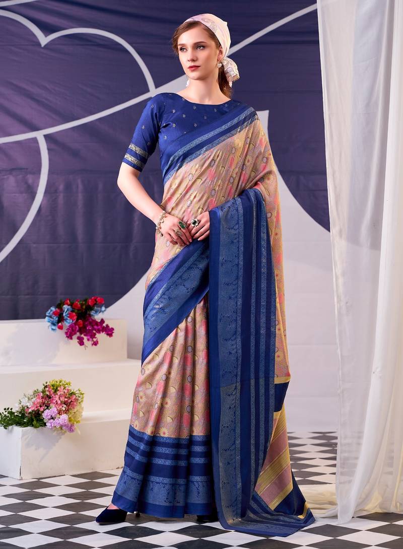 Navy blue beautiful tussar silk floral print with foil work saree